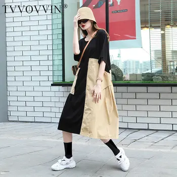 

Europe Europe Patchwork Loose Plus Size Damp Fashion Casual Zipper Short Sleeve Design Dress 2020 Summer Women Dress GXOH