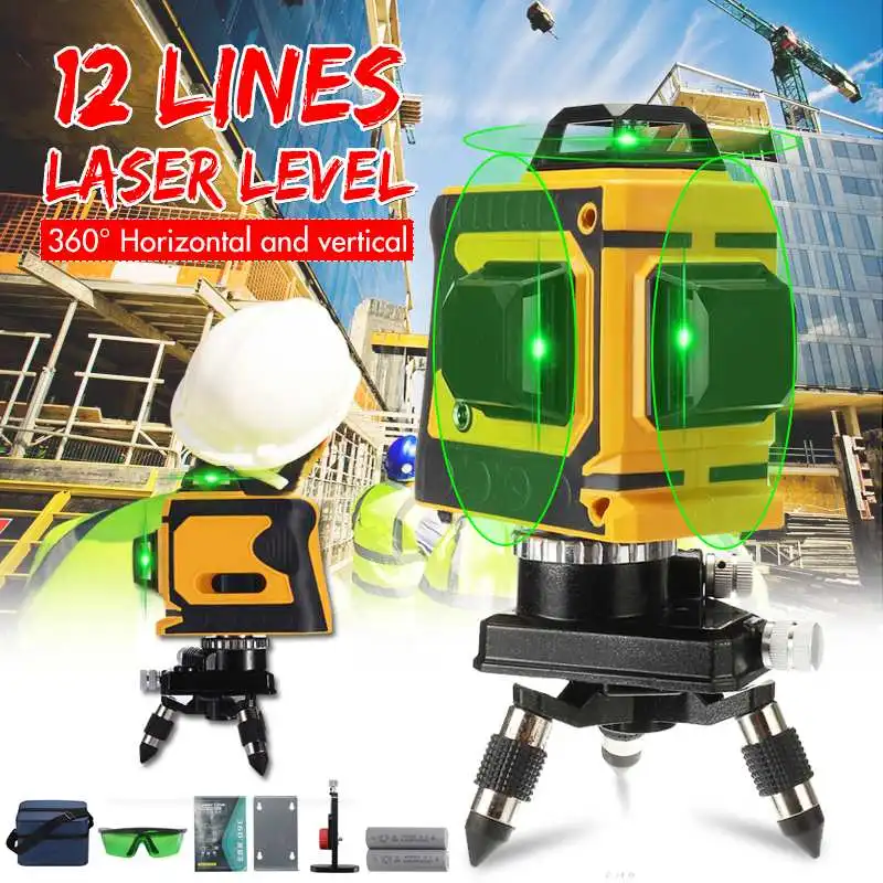 

12 Green Lines Laser Level Bracket 3D 360 Adjustable Self-Leveling Horizontal Vertical Cross Waterproof Outdoor Powerful Beam