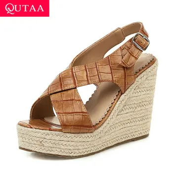 

QUTAA 2020 Cross PU Leather Buckle Sandals Fashion Wedge Heel Women Shoes Open-toed Summer Platform Ladies Pumps Big Size 34-43
