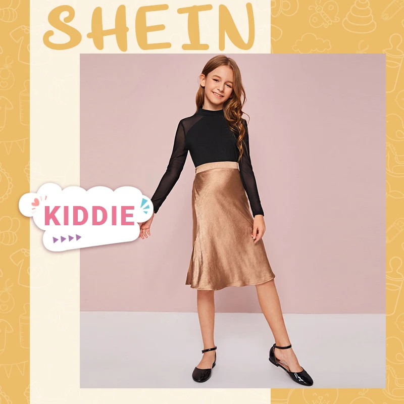 SHEIN Kiddie/черная Повседневная футболка для девочек с воротником-стойкой; Детские топы; Весенняя модная одежда с длинными рукавами; детские базовые Стрейчевые футболки