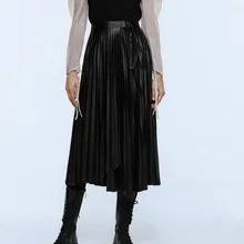 Новая английская Женская яркая черная юбка средней длины, плиссированные нестандартные юбки, Осень-зима, дизайнерская Офисная Женская юбка из искусственной кожи