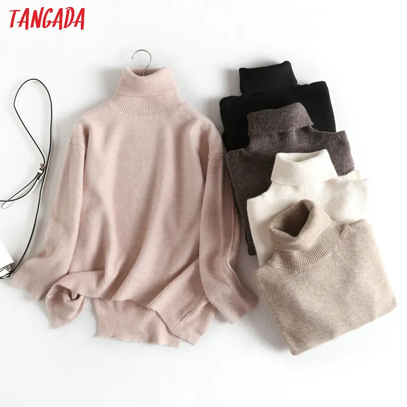 Tangada Женская водолазка большого размера, теплые толстые вязаные свитера, зимний розовый свитер, пальто, Свободная трикотажная одежда, Топ BC59