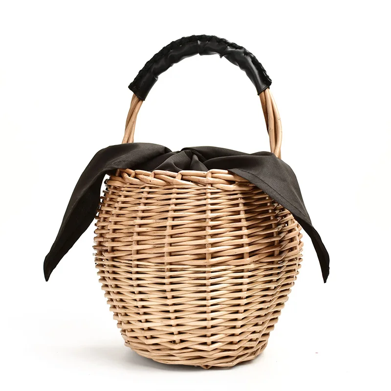 Straw portable retro holiday woven bag ins Sen seaside vacation bucket beach totes female temperament bag