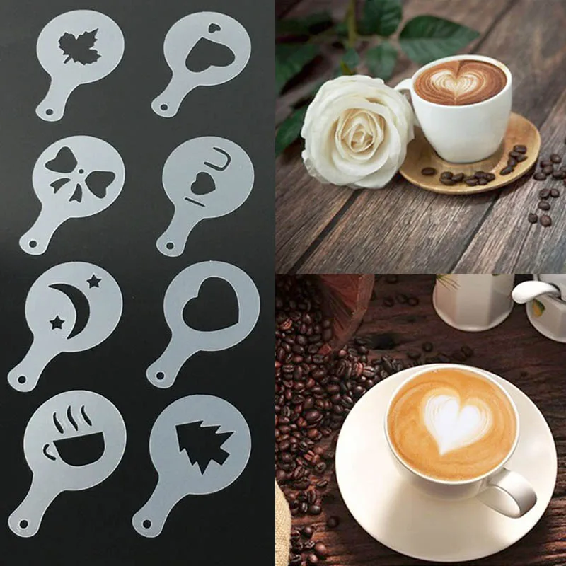 8/12/16Pcs/Set Printing Flower Mold Coffee Drawing Model Creative Cappuccino  Foam Spray Kitchen Accessories Plastic Cooking Tool