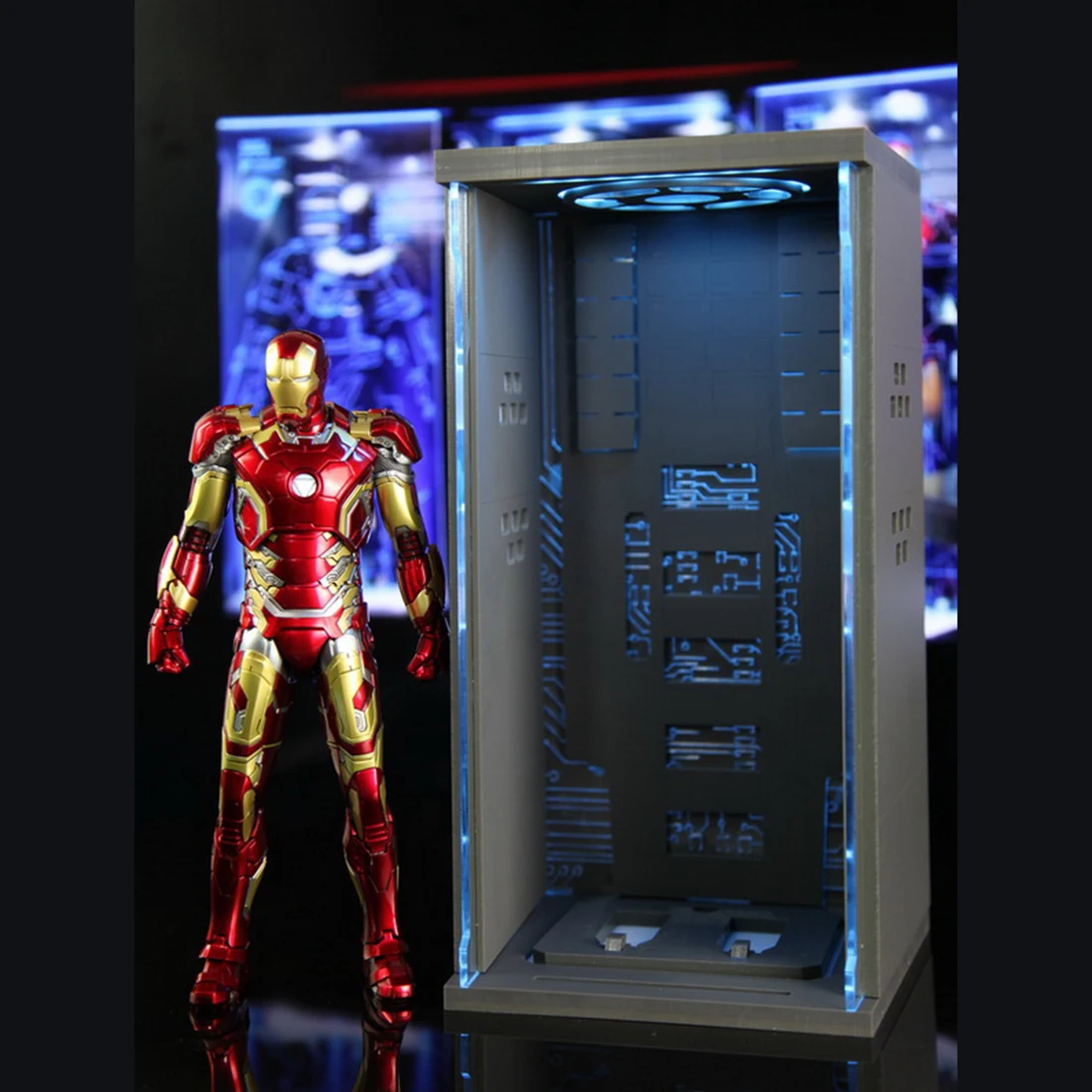 Акриловый зал Дисплей коробка с синими и белыми светодиодный для 1/4 Hottoys модель серии Железный человек Тони Старк
