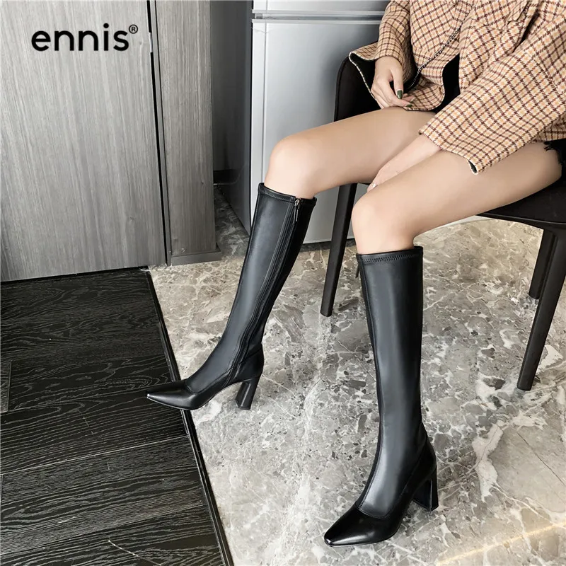 ENNIS/ г.; зимние сапоги из натуральной кожи; женские сапоги на высоком каблуке; черные эластичные сапоги до колена; обувь на молнии с острым носком; большие размеры; L926