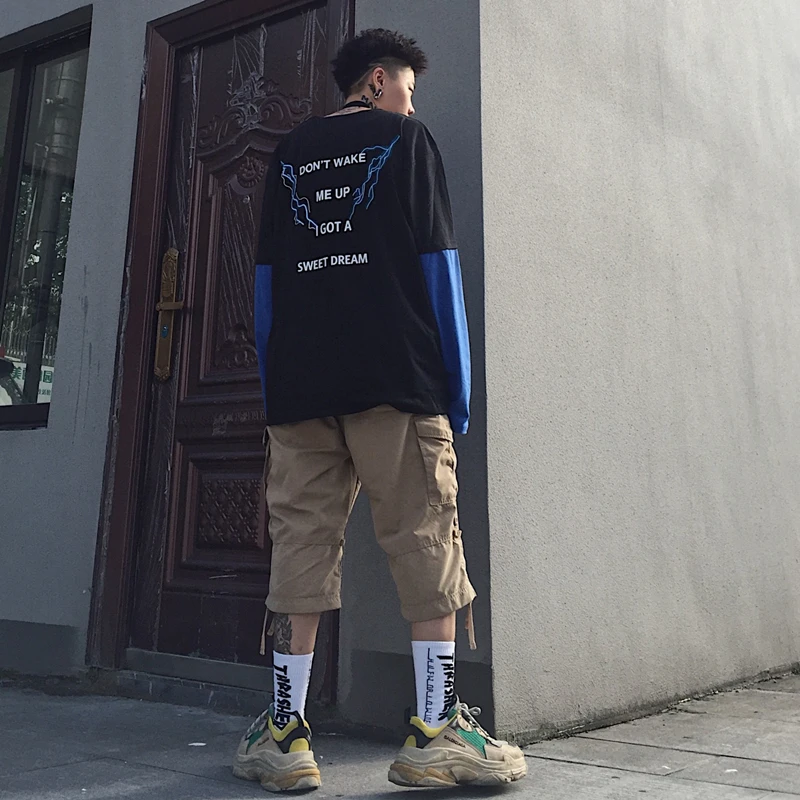 Личи девушки Harajuku с длинным рукавом Лоскутная Женская футболка молния плед письмо печати женские футболки поддельные 2 шт леди футболка