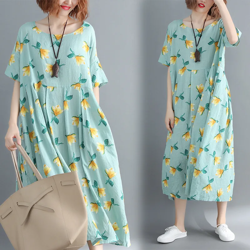 

2019 Summer New Style Fat Mm Literature And Art-Style Large Size Loose-Fit Foamed Cotton Dress Women's