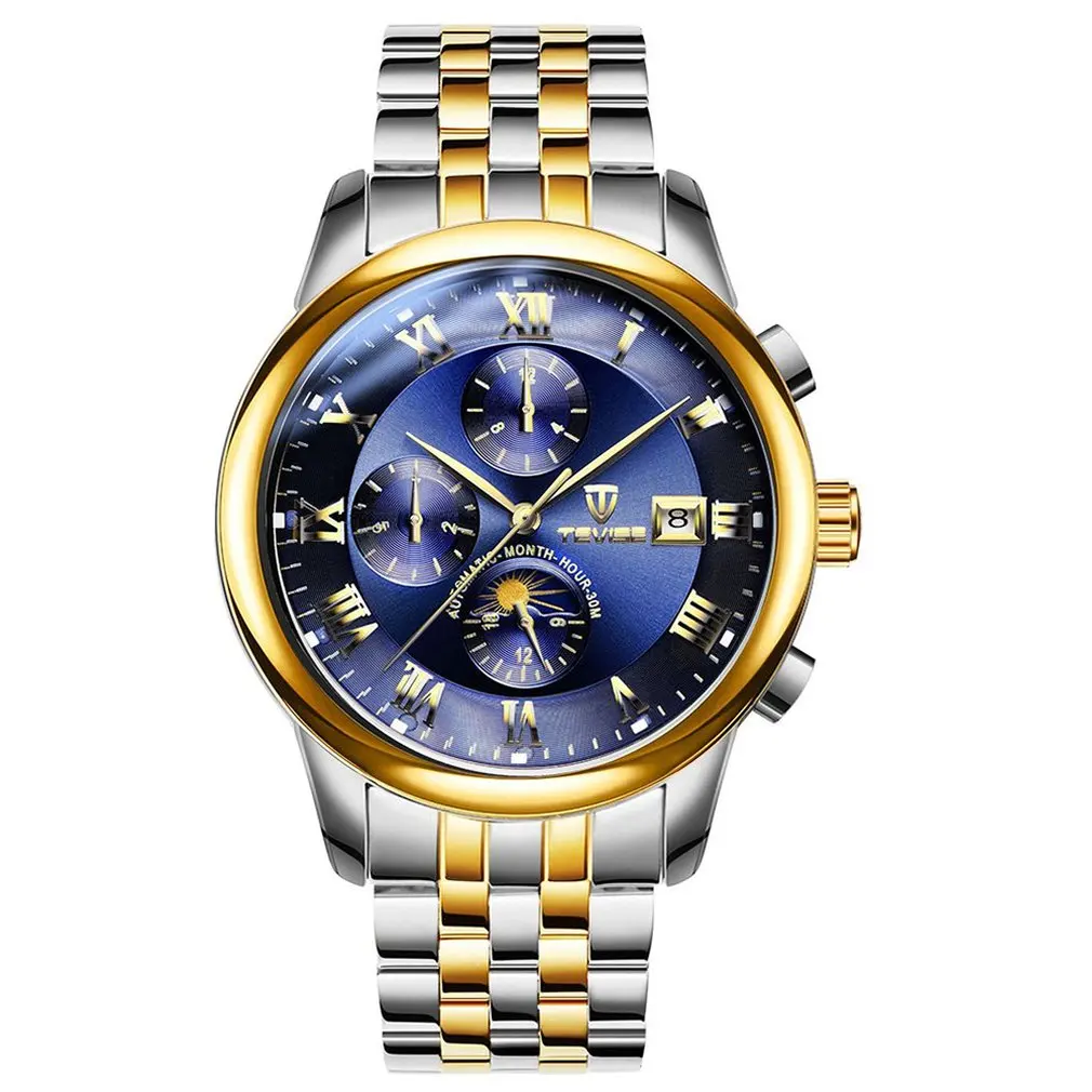 Tevise Men'S Mechanical Watch Automatic Waterproof Calendar Casual Men'S Watch Spiral Crown Watch - Цвет: golden blue