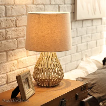

modern table lamp hand knitted hemp rope table lights living room bedroom table lighting fabric shade bedside desk lamp fixtures
