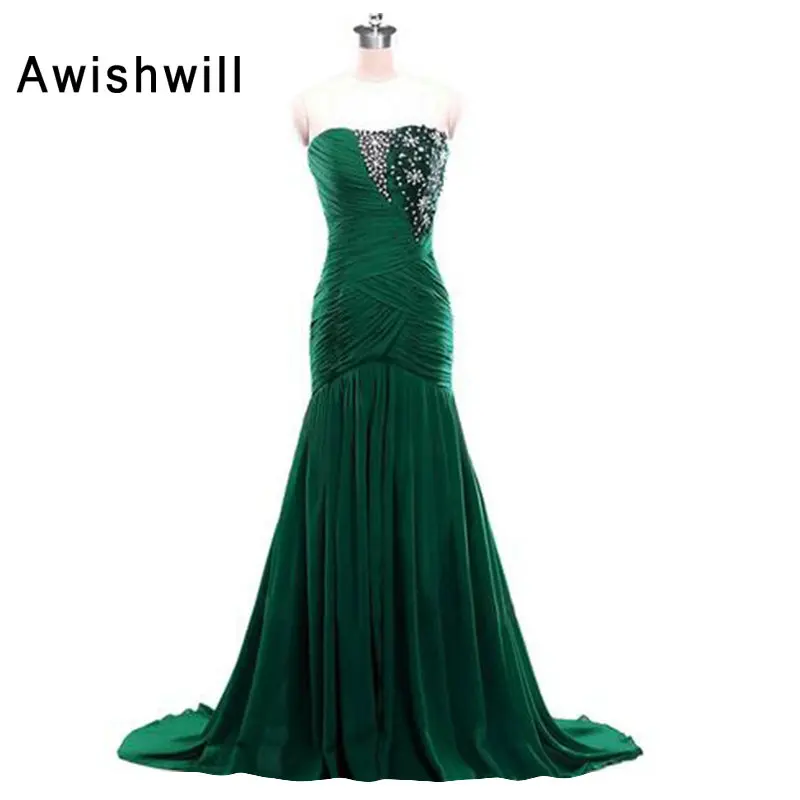 Real Photos Strapless Beading Chiffon Long Prom Dress Evening Formal Gown Mermaid Vestido Longo Festa