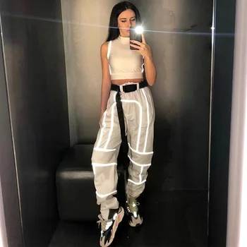 

Reflective Cargo Pants Women Casual Harem Pants 2019 Hot Black Sweatpants Ladies Wild Belt Decoration Active Wear Pantalon Femme