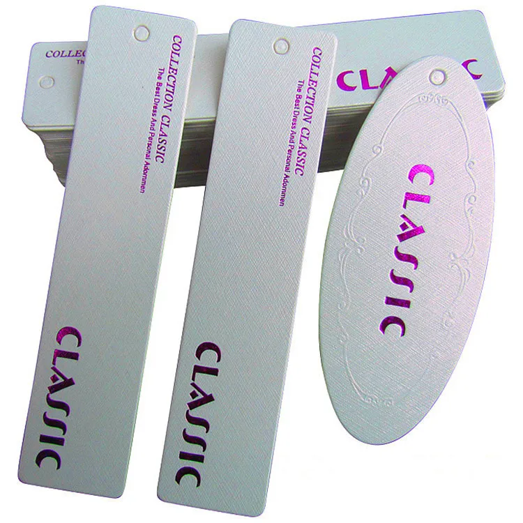 

New fashion customized high quality 600gsm white paper with hot purple gold stamping tags, OEM high-grade garment labels tags