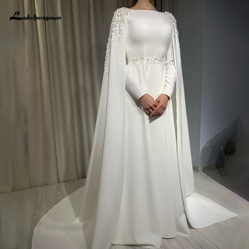 Abito da sposa musulmano arabo con mantello A Line maniche lunghe collo  alto abito da sposa Appliques di pizzo Sweep Train Vestido De Novia|Wedding  Dresses| - AliExpress