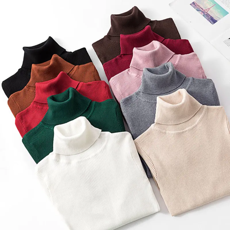 

2019 Women Turtleneck Autumn Sweaters Solid Pullover Jumper Casual Knitted Sweater Women Long Sleeve Soft Short Tops Pull Femme