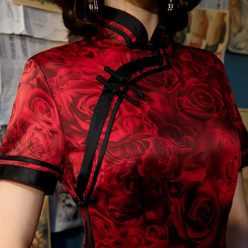 Sheng Coco размера плюс красные вечерние длинные платья Cheongsam с принтом розы шелковые Qipao китайское свадебное восточное платье женская одежда