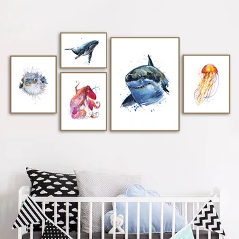 

Whale Shark Jellyfish Octopus Dolphin Fish Nordic Posters And Prints Wall Art Canvas Painting Wall Pictures Baby Kids Room Decor