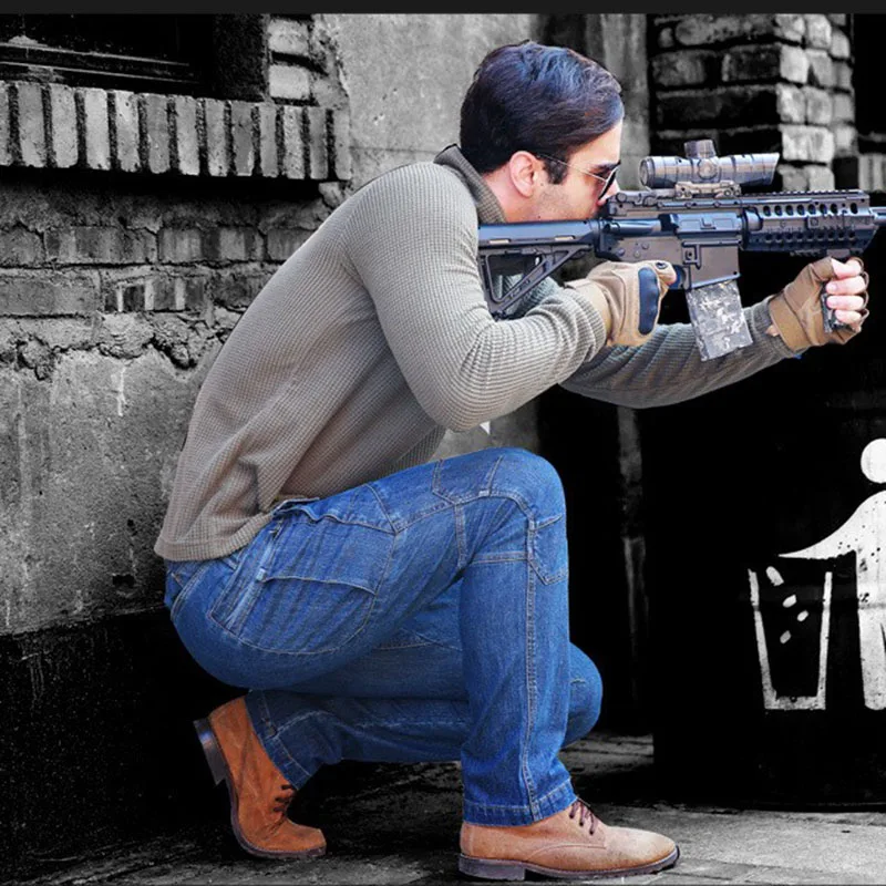 Мужские тактические джинсовые брюки эластичные полной длины с несколькими