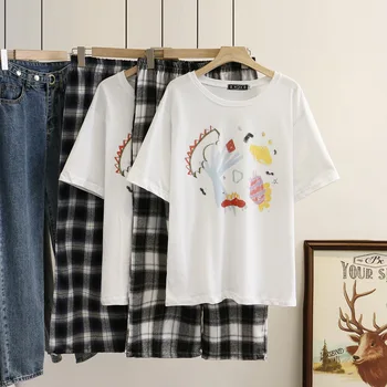 

Women Summer Set Lady Two Piece Suit Female Cartoon Short Sleeve T-shirt + Wide Leg Pants Loose Fashion Plus Size S65-2012