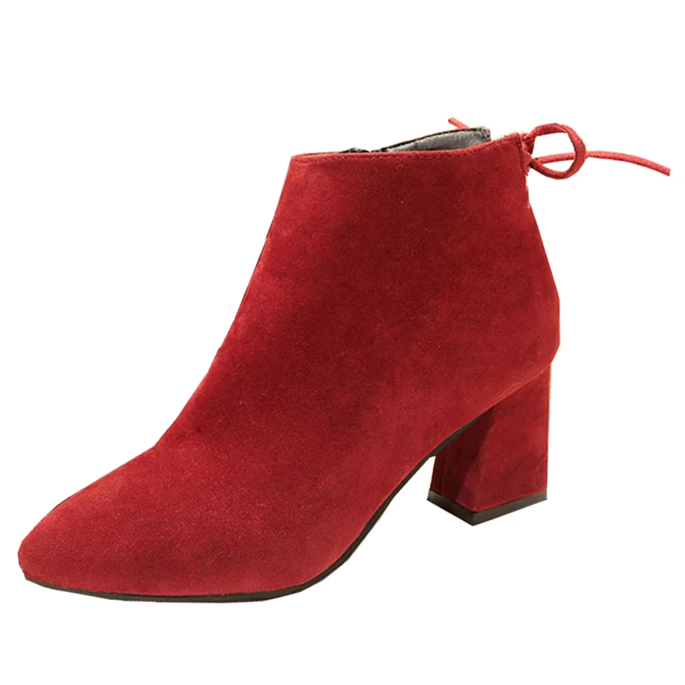 Женские ботильоны с острым носком; классические осенне-зимние ковбойские ботинки из искусственной замши на высоком каблуке; модные вечерние красные ботинки «Челси» на шнуровке - Цвет: Красный