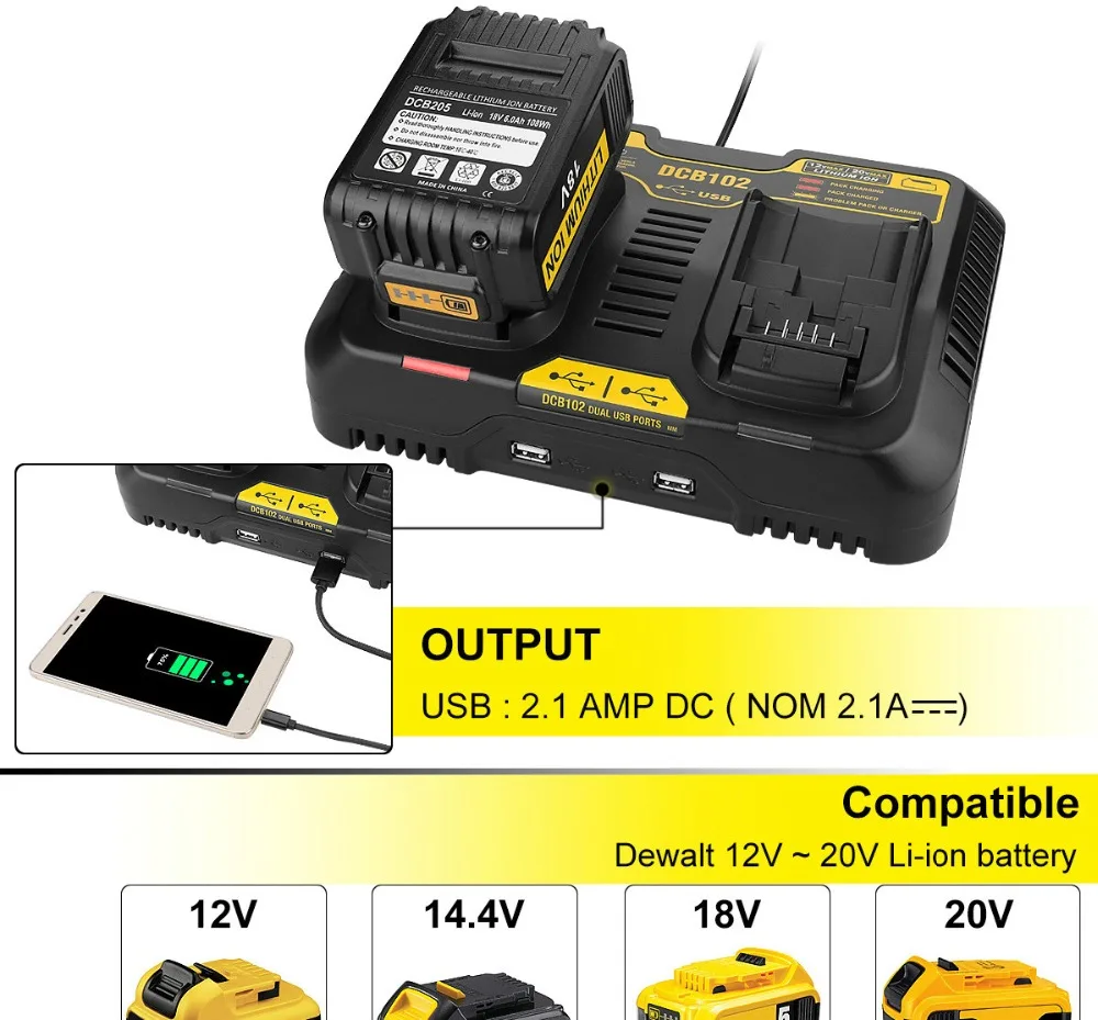 Лучшее зарядное устройство для Dewalt 10,8 V-20 V Li-Ion DCB102 DCB112 DCB105 Li-Ion DCB200 Dual USB зарядное устройство