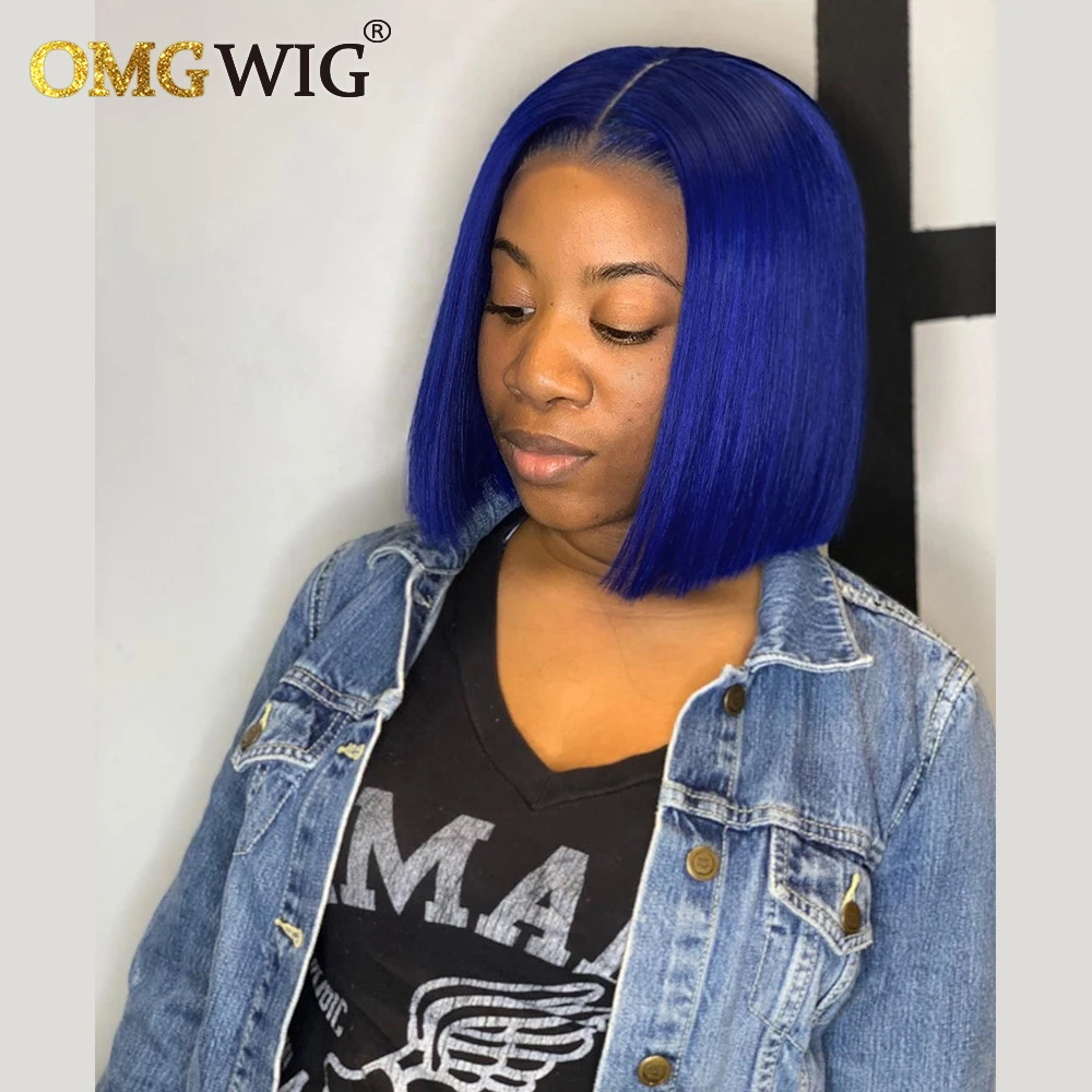 Human Hair Wig 13x4 Lace Frontal Bone Straight Blue Colored 4x4 Short Bob For Black Women Pre Plucked Brazilian Remy Hair