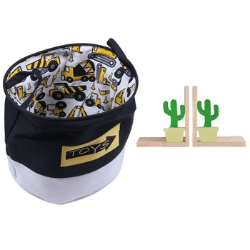 

Cartoon Cars Printed Storage Basket with 2Pcs Wooden Bookends Support Stand Student Book Storage Shelf Green