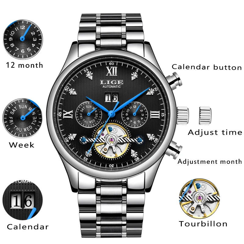 LIGE Gift mens watches top brand luxury automatic mechanical luxury watch men sport wristwatch mens reloj hombre tourbillon