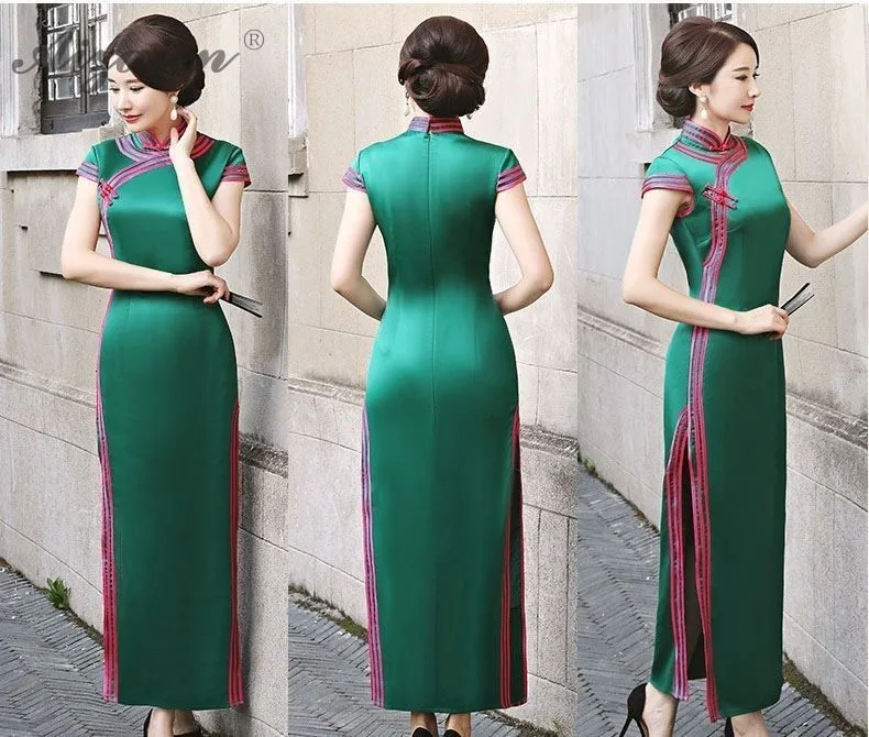 Оригинальное Ретро Зеленое Длинное атласное платье Cheongsam Chinoise размера плюс Qi Pao Женская традиционная китайская одежда вечернее Ципао