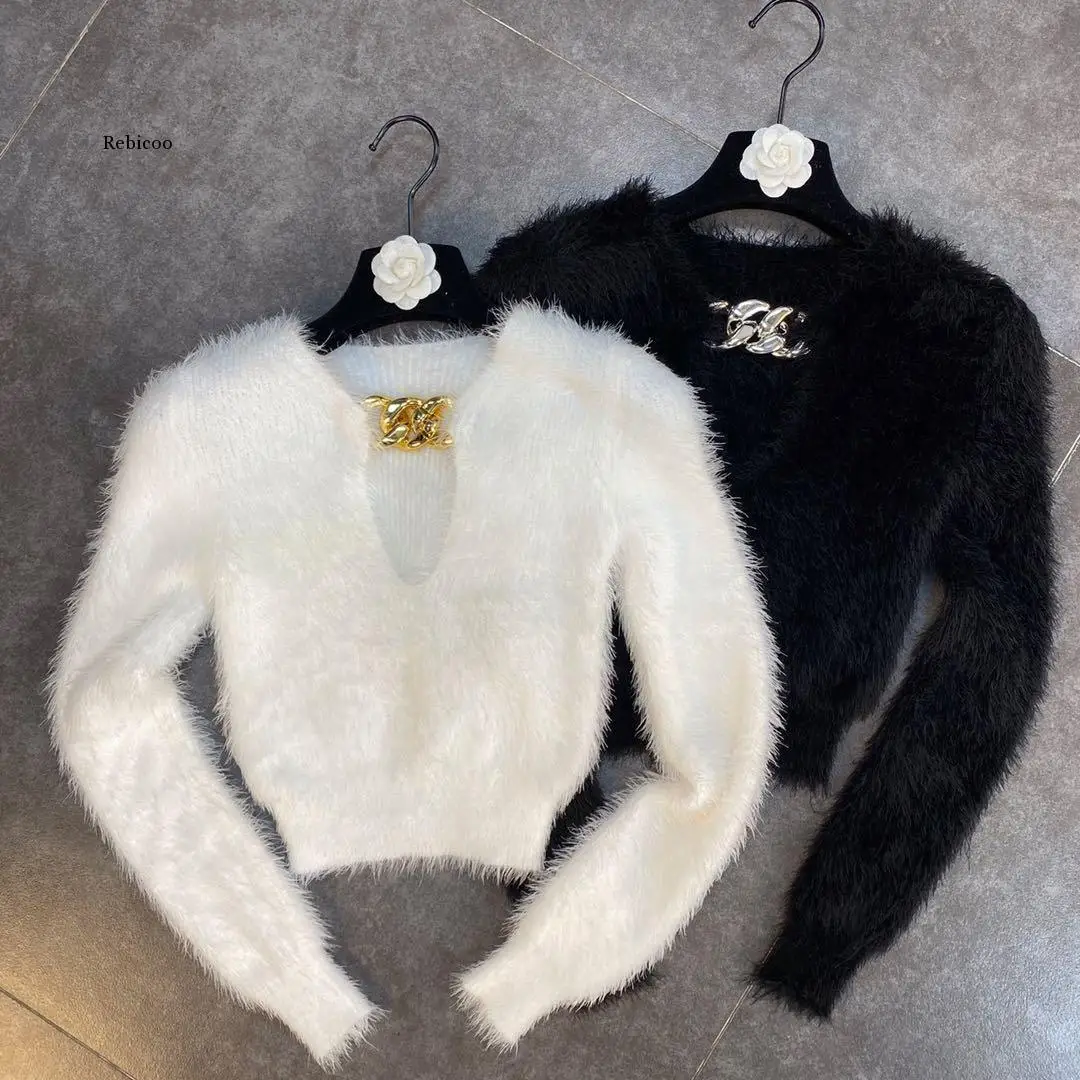 

Пуловер женский трикотажный, с цепочками, с V-образным вырезом и длинным рукавом