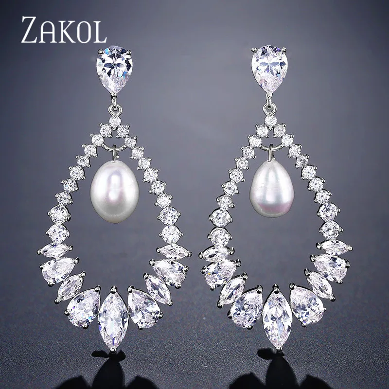 ZAKOL Роскошные полые серьги-капли из циркония с огранкой маркизы для женщин, свадебные модные ювелирные изделия из искусственного жемчуга, аксессуары FSEP2245