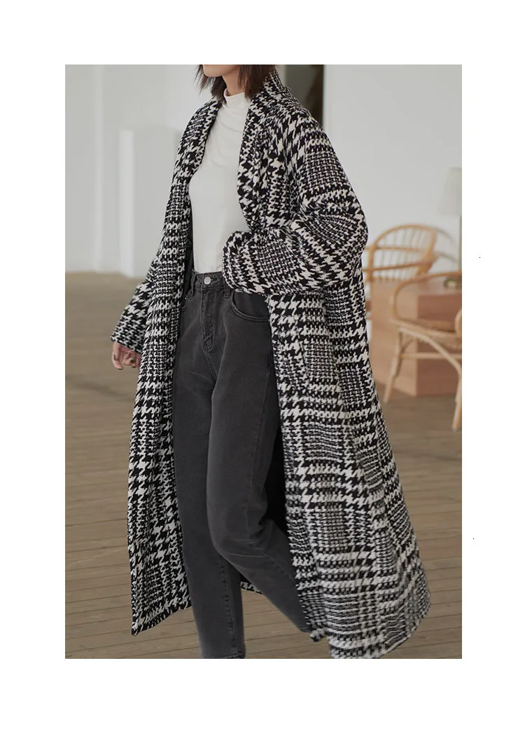 TVVOVVINLoose Fit Black Plaid split, шерстяное пальто большого размера, парки, новинка, длинный рукав, женская мода, Осень-зима 1587