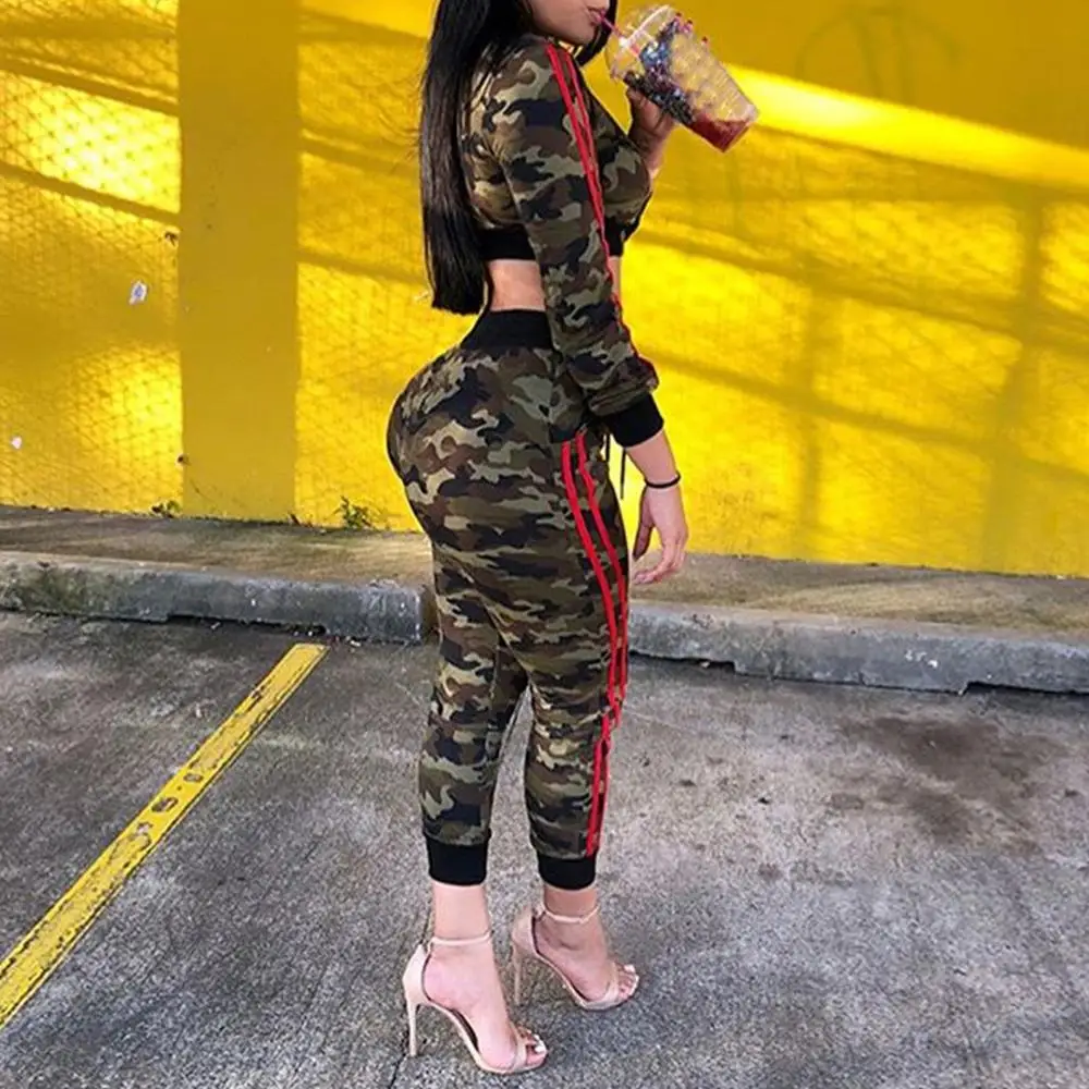 Casual Suit Fashion Women Clothing Long Sleeve Pocket Lacing Zipped Camouflage Print Pants Casual Set Outdoor Sport Running Suit