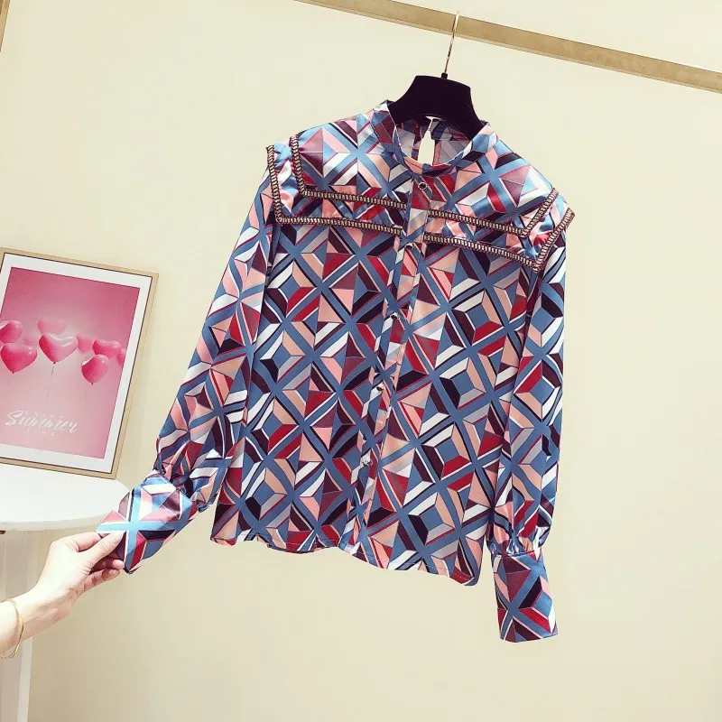 

2020 Spring New Retro Plaid Print Shirt Women's Stand Collar Diamond Pattern Buckle Long Sleeve Shirt Blusas Mujer De Moda 2020