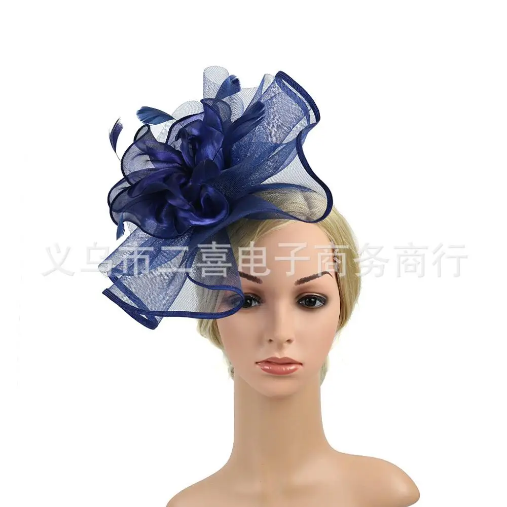 Navy blue Цвет фуксии Свадебные Шапки фатиновые вечерние шляпа с цветы из органзы Элегантные перьями свадебные шляпа SQN039 - Цвет: Navy blue