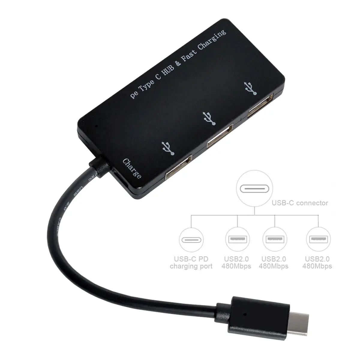 

3 Ports HUB USB 2.0 Female & PD Power Adapter for Laptop Cell Phone Tablet to USB-C Type-C