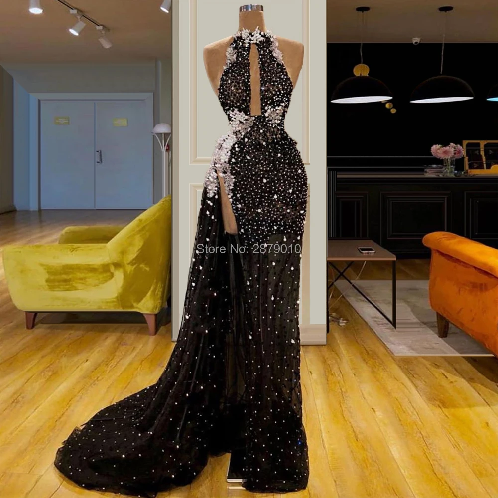 

Black High Neck Sheath/Column Long Evening Dress Applique Beaded Sequined Full-length Prom Dress The Skirt Split Formal Zipper