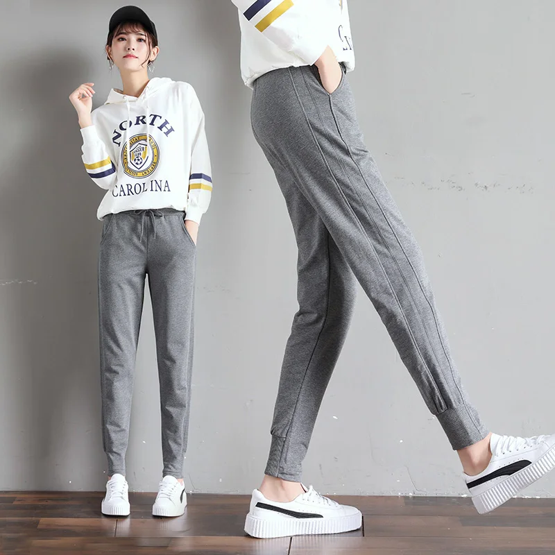 Sweatpants For Women Elastic Waist With Drawstring Lady Trousers Streetwear Pantalones De Mujer Pockets Sashes New Ladies Pants - Цвет: Темно-серый