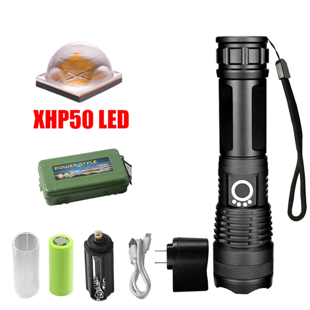 

XHP50 Most Power LED Flashlights USB Charging Tactical Torch Waterproof IP50 Zoomable Bicycle Light use 18650 26650 Rechargeable