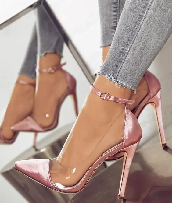 

New High-heeled Pointed Color Matching Belt Buckle Fashion Ladies Single Shoes Fine Heel Transparent Low Help Shallow Mouth Shoe