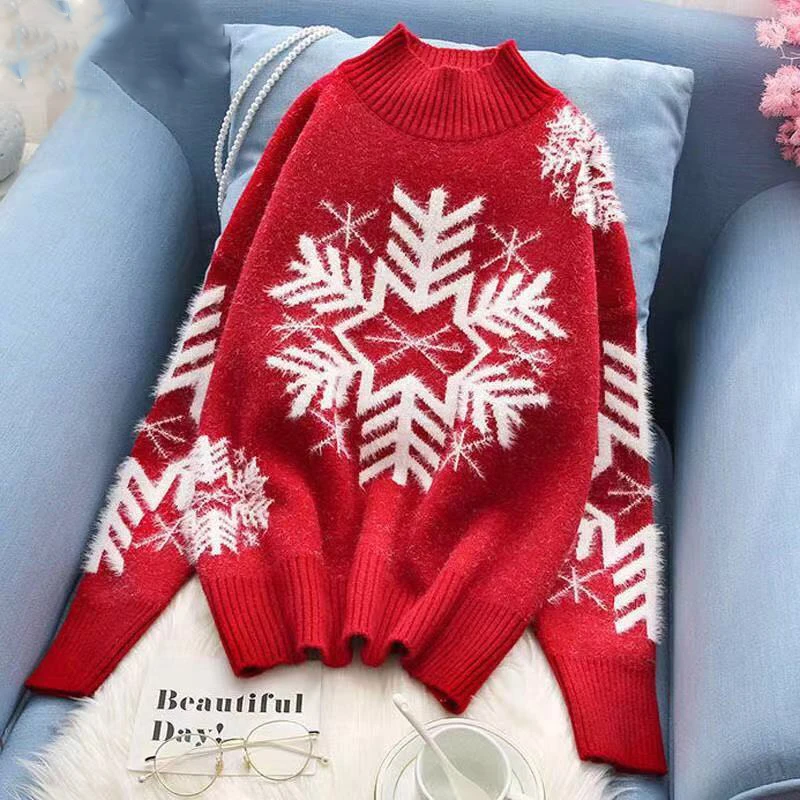 

Red Christmas Sweaters Snowflake Xmas Patterned Half-Turtleneck Knitted Pullover Women Long Sleeve Winter Warm Jumper