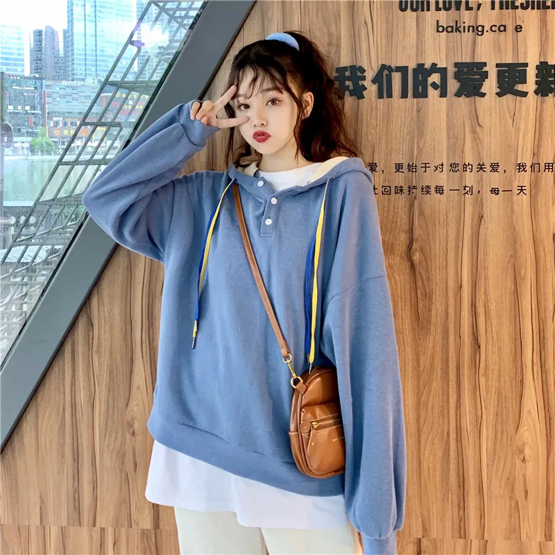 Толстовки moda feminina, повседневный стиль, Осенние Новые Пуловеры и толстовки, одноцветные, на пуговицах, с капюшоном, женская одежда, женские топы