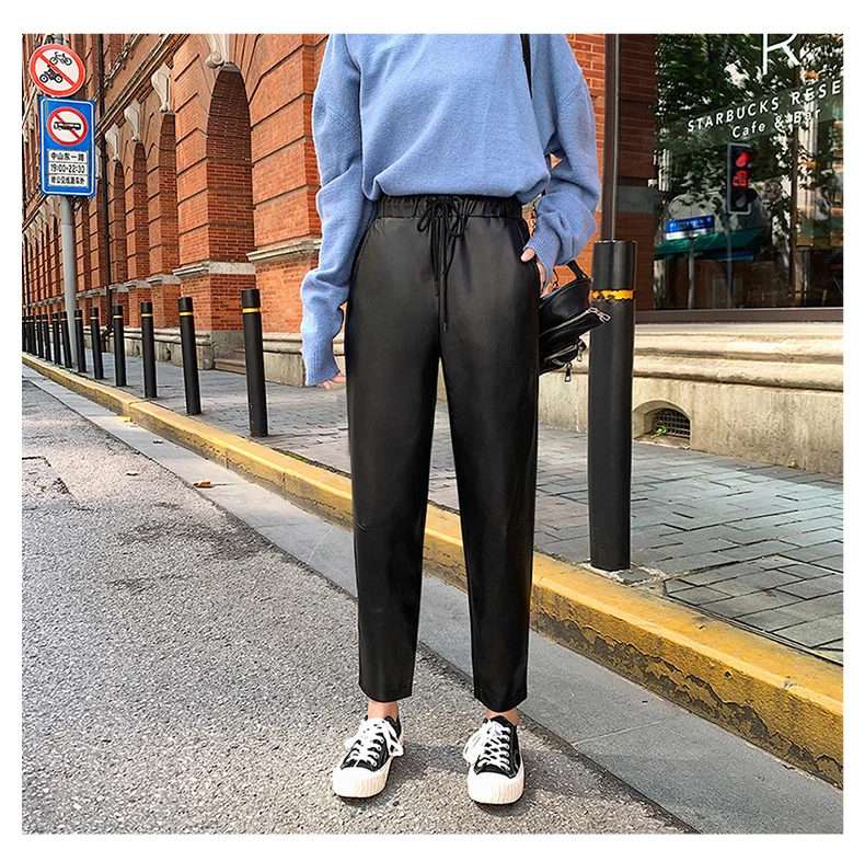 JUJULAND woman winter PU pants Leather pants with a tight waistline Leather pants for winter 9905 - Цвет: black-thick