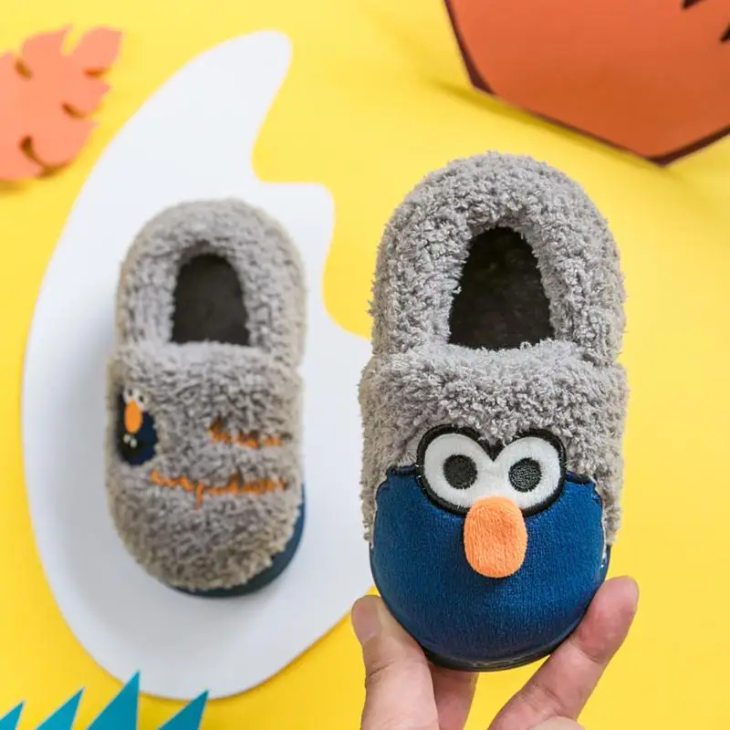 Girls Slippers Home Floor Shoes Winter Baby Toddler Cotton Slippers Cartoon Kids Slippers Boys Non-slip Bedroom Warm Plush Shoes - Цвет: Gray