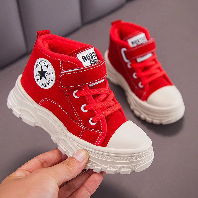 Детская повседневная обувь; сезон осень-зима; Ботинки martin; обувь для мальчиков; модные кожаные мягкие Нескользящие ботинки для девочек; спортивная обувь для бега; 26-37 - Color: Red Warm Plush