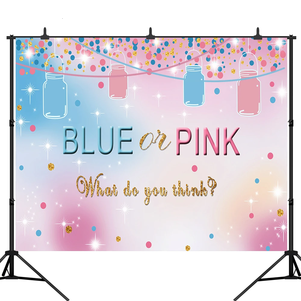 

Blue Or Pink Gender Reveal Backdrop Baby Shower Party Mason Jars Candy Dessert Table Decorations Photo Background