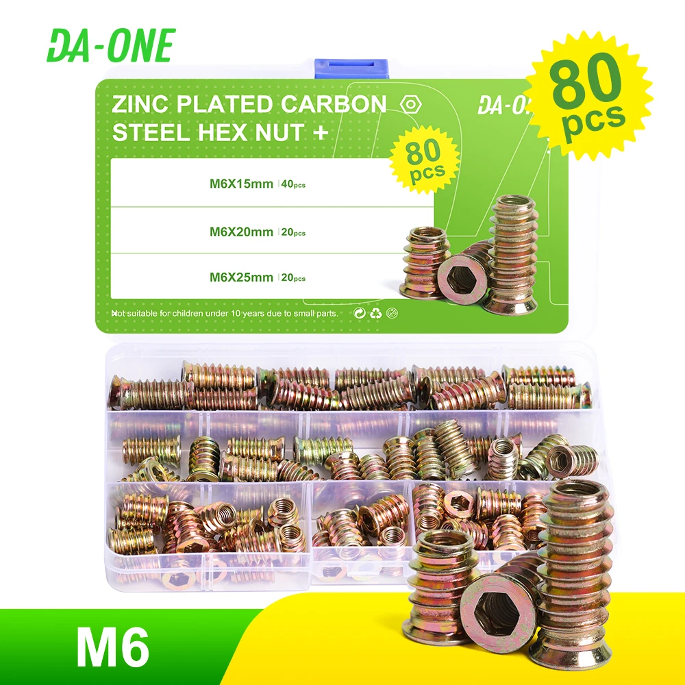 

DA-ONE 80Pcs M6 Zinc Alloy Hex Flanged Screw-in Nut Hex Socket Drive Threaded Insert Nuts Assortment Set For Wood Furniture