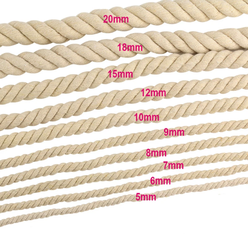 100% Cotton Three twisted Rope String Cord Twine Sash 2meter 5mm-20mm Thick Cords For Handmade Decorative cotton rope