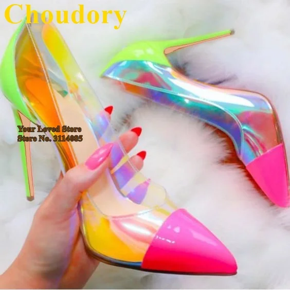 as picture 12cm heel Choudory/модельные туфли цвета фуксии из лакированной кожи с острым носком из ПВХ; Роскошные вечерние туфли в стиле пэчворк; Высокий каблук 12 см, 10 см, 8 см; размер 45 - Цвет: as picture 12cm heel
