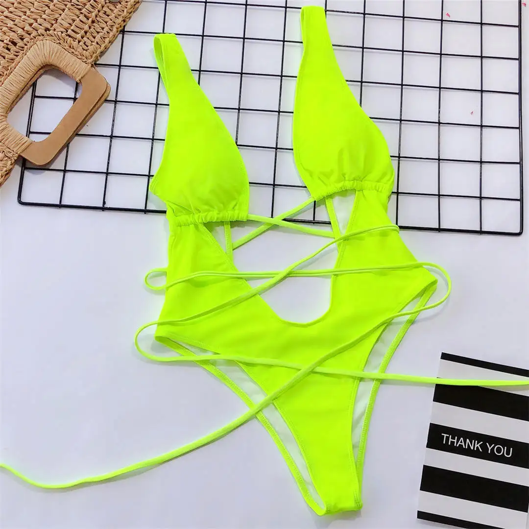 Neon Green Глубокий v-образный Вырез вокруг шеи зеленый принт цельный купальник Женская одежда для плавания женский купальный костюм купальник Дамский Монокини V1037G - Цвет: Neon Green